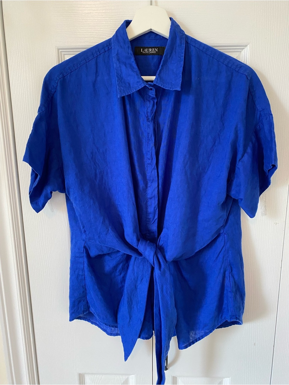 Ralph Lauren 100% Linen Cobalt Blue Faux Tie-Front Short sleeved Blouse size LP
